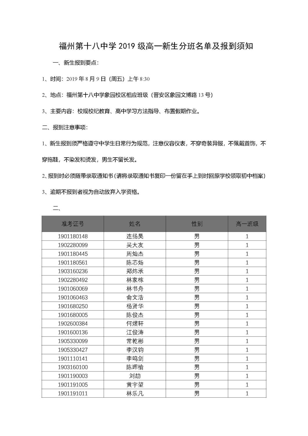 福州第十八中学2019级高一新生分班名单及报到须知_页面_01.jpg